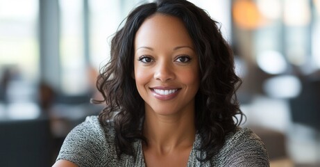 Smiling professional woman with curly hair. Confident and approachable, radiating positivity in a modern office environment.