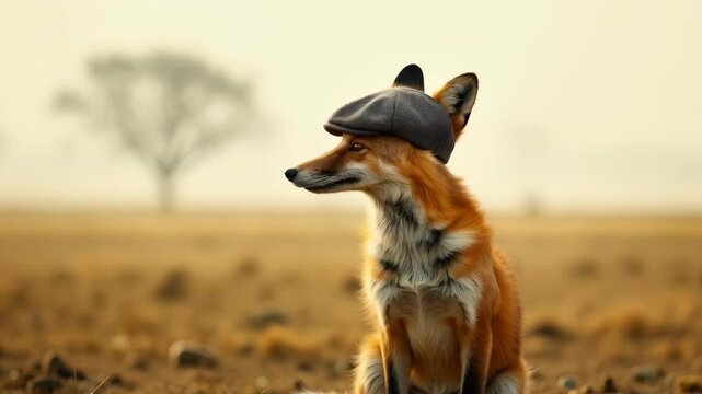 Curious Fox In Flat Cap Sitting In Misty Countryside