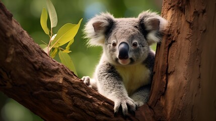 Fototapeta premium Adorable Koala Bear on Eucalyptus Tree Branch in Australian Wildlife Habitat