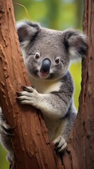 Naklejka premium Adorable Koala Bear Cub Climbing Eucalyptus Tree in Australian Bush