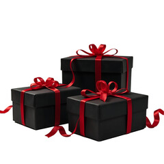 Obraz premium A glossy black square gift box, accented with a vibrant red ribbon and bow is isolated on transparent background