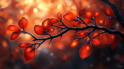 Glowing Red Leaves on Branch Autumnal Scene
