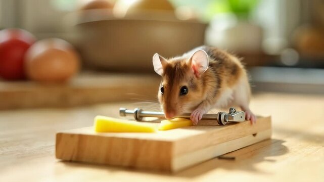 Curious mouse sniffing cheese on a wooden trap in a sunny kitchen