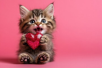 Cute somali baby feline with sparkling rhinestones red heart - emblem of love, funny greeting card. Commercial artwork layout. Somali - my cherished cat. Animal valentine's day. Animal love.