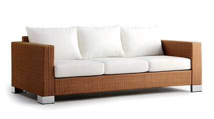 Fototapeta premium A brown wicker couch with white pillows. generated using AI