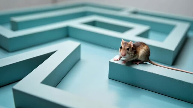 Curious rat exploring a maze against a blue background