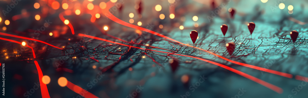 Aufkleber global connectivity: a captivating abstract image of a vintage map with glowing red pins and digital