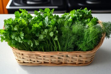 Fototapeta premium A vibrant basket holds freshly picked parsley, cilantro, and dill, creating an inviting atmosphere in a bright kitchen filled with natural light, ideal for cooking and garnishing