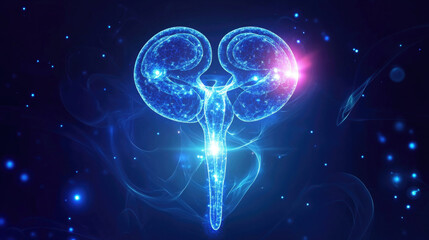 Neural connections illuminated in a vibrant digital representation of the human kidney at night
