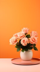 Fototapeta premium Peach Roses Bouquet in White Vase on Coral Tray Bright Orange Background