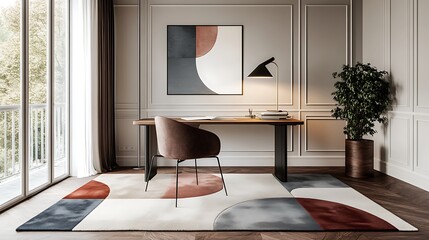 Modern Home Office Design with Abstract Rug and Artwork