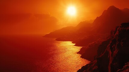 Fiery Sunset Over Coastal Mountains And Ocean