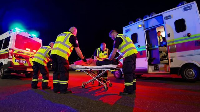 Paramedics in high visibility vests are carefully loading a patient on a stretcher into an ambulance at night, with flashing emergency lights illuminating the scene in a slow motion sequence