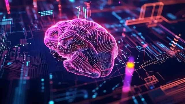 A luminous digital brain constructed from intricate geometric shapes pulsing with financial metrics and stock indicators highlighting the synergy between AI and finance.