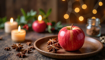 Red apple with star anise on a wooden plate surrounded by candles and festive decor