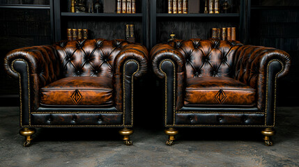 Pair Of Dark Brown Tufted Leather Armchairs with Wooden Legs and Gilded Accents
