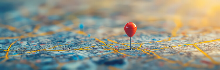 Red Pin on Map: A single, vibrant red push-pin stands out on a detailed map, symbolizing a destination, a key location, or a point of interest. The image evokes a sense of journey, exploration.