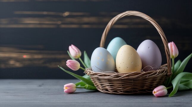 Basket with easter eggs and tulips on rustic table