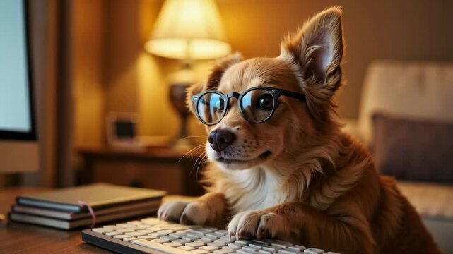 Focused Dog Typing On A Keyboard In Cozy Living Room