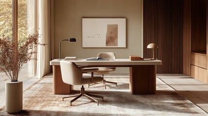 Modern minimalist home office design with neutral tones