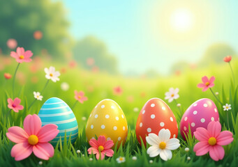 Fototapeta premium colored eggs scattered throughout beautiful flower field sunny spring