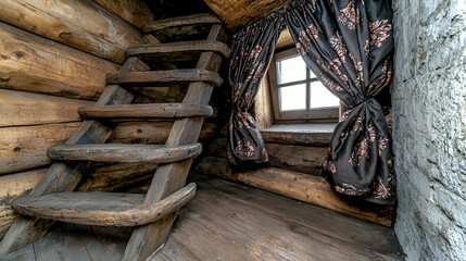 Wooden Staircase In A Rustic Cabin Interior