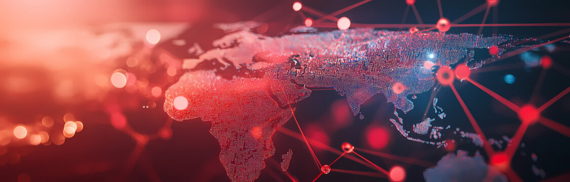 Global Network: A stylized map of the world, rendered in bold red hues, is enveloped in a network of interconnected lines, suggesting a vibrant and dynamic flow of information, connectivity.