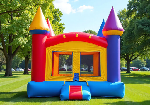 colorful castle bounce house sits park bright colors inflates sunny weather
