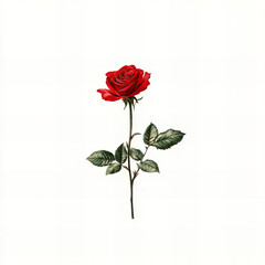 Obraz premium Watercolor Illustration of a Single Red Rose with Detailed Stem and Leaves on White Background