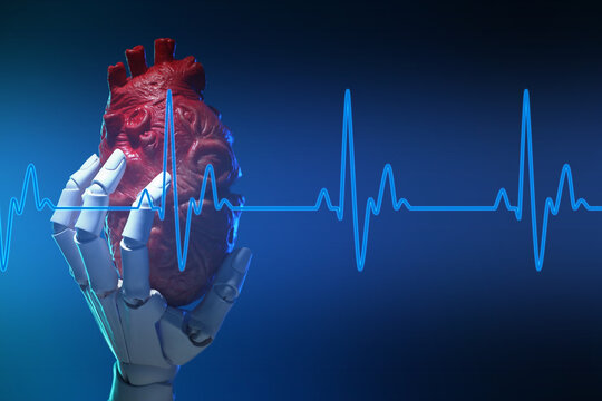 Cardiology. Robot hand holding anatomical model of heart on gradient background. Blue heartbeat line