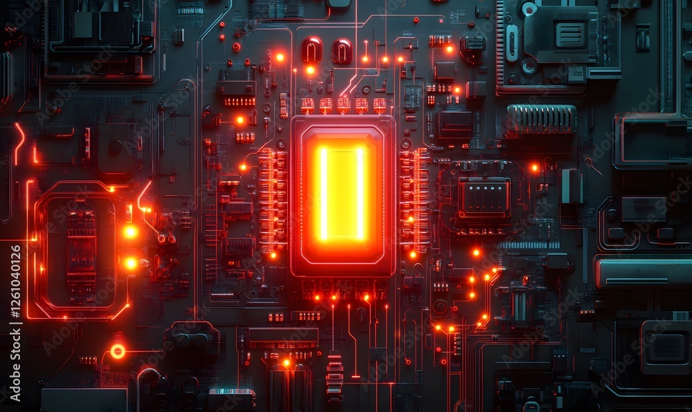 Aufkleber detailed view of a complex computer circuit board with glowing red and yellow components