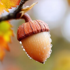 Close-up of an acorn from an oak tree, detailed texture and natural lighting, autumn theme