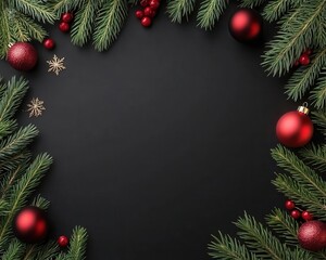 A Christmas-themed flat lay with pine branches creating a circular border against a dark backdrop.