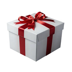 Fototapeta premium A wrapped present, ready for giving. The square white gift box is adorned with glossy red ribbon and bow on transparent background