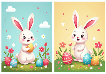 colorful rabbit posters promote easter egg hunts cartoon spring scenes festive designs holiday flyers banners
