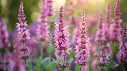 Obraz premium Vibrant Pink Salvia Flowers Blooming in a Garden at Sunset Nature Photography
