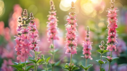 Obraz premium Vibrant Pink Salvia Flowers Blooming in Sunlight Garden Nature Photography