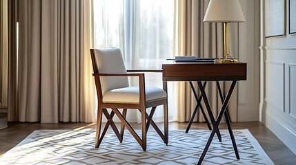 Elegant Wooden Desk Chair And Lamp In Sunlit Room