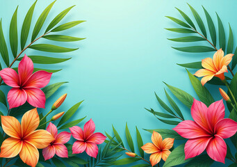colorful tropical flowers palm leaves summer