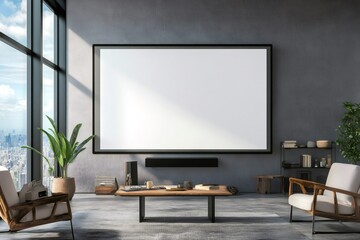 Large blank whiteboard hanging on a concrete wall in a modern living room featuring two armchairs, a coffee table, and a city view