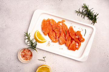 Traditional Norwegian fresh salmon in slices