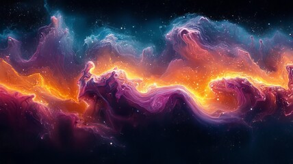 Vibrant cosmic nebula with swirling colors of orange, purple, and blue, evoking a sense of wonder and exploration in the universe.