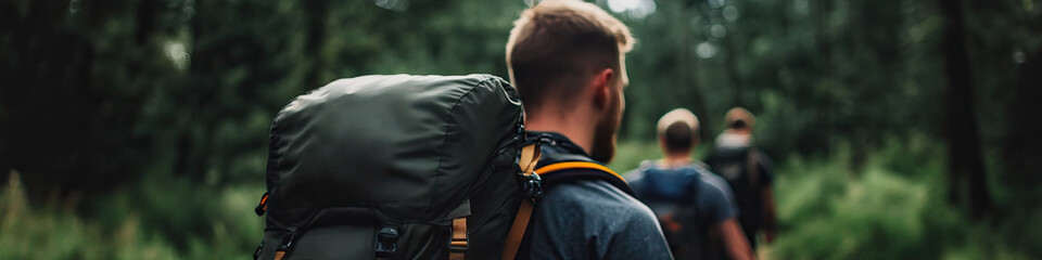 Fototapeta premium Man with Backpack Hiking in Forest