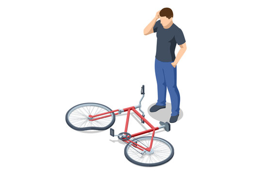 An isometric illustration of a confused man standing next to a fallen red bicycle. He looks at it, wondering what to do next.