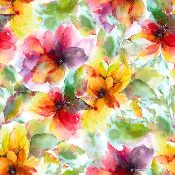 Soft, dreamy watercolor floral pattern.  Vibrant blossoms and foliage create a romantic, painterly feel. Seamless repeat.