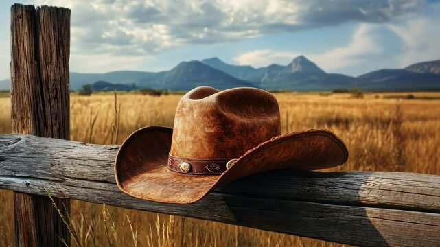 Rustic Cowboy Hat on Fence in Scenic Countryside Landscape. loop, looping,