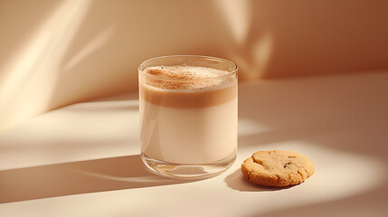 A layered beverage in a glass next to a cookie illuminated by natural light creating soft shadows.