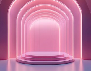 Obraz premium 3D mock up podium in a bright pink empty room with arches and neon pink lighting. Abstract minimalistic bright trendy background for product presentation. Modern platform in mid century style.
