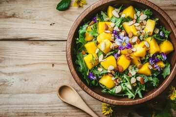 Mixed greens are combined with fresh mango chunks and almond flakes, accented with bright edible flowers in a clean ceramic bowl on a white surface