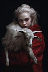 Female horned demon holding a goat